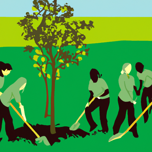 איור המתאר מתנדבים נוטעים עצים בגן קהילתי, המסמל פיתוח קהילתי.
