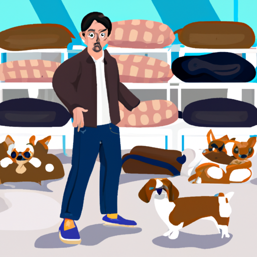 בעל כלב מבולבל עומד במעבר חנות לחיות מחמד מלא בסוגים שונים של מיטות כלבים.